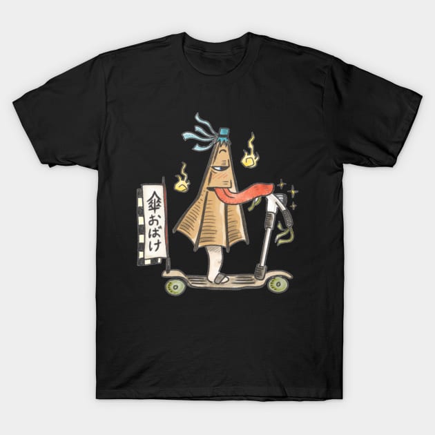 Funny Japanese folklore creature KasaObake riding scooter! T-Shirt by OzzyMac